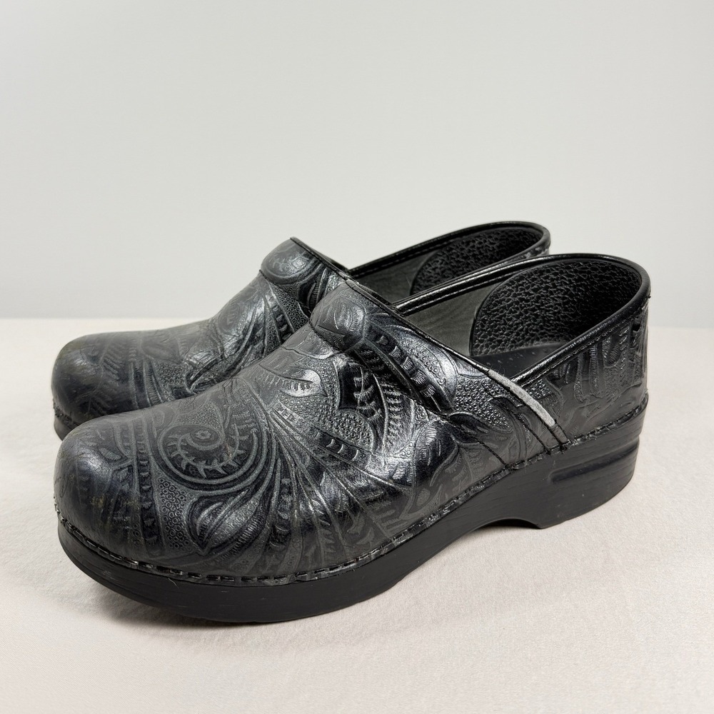Dansko Black Embossed Leather Slip-On Clogs